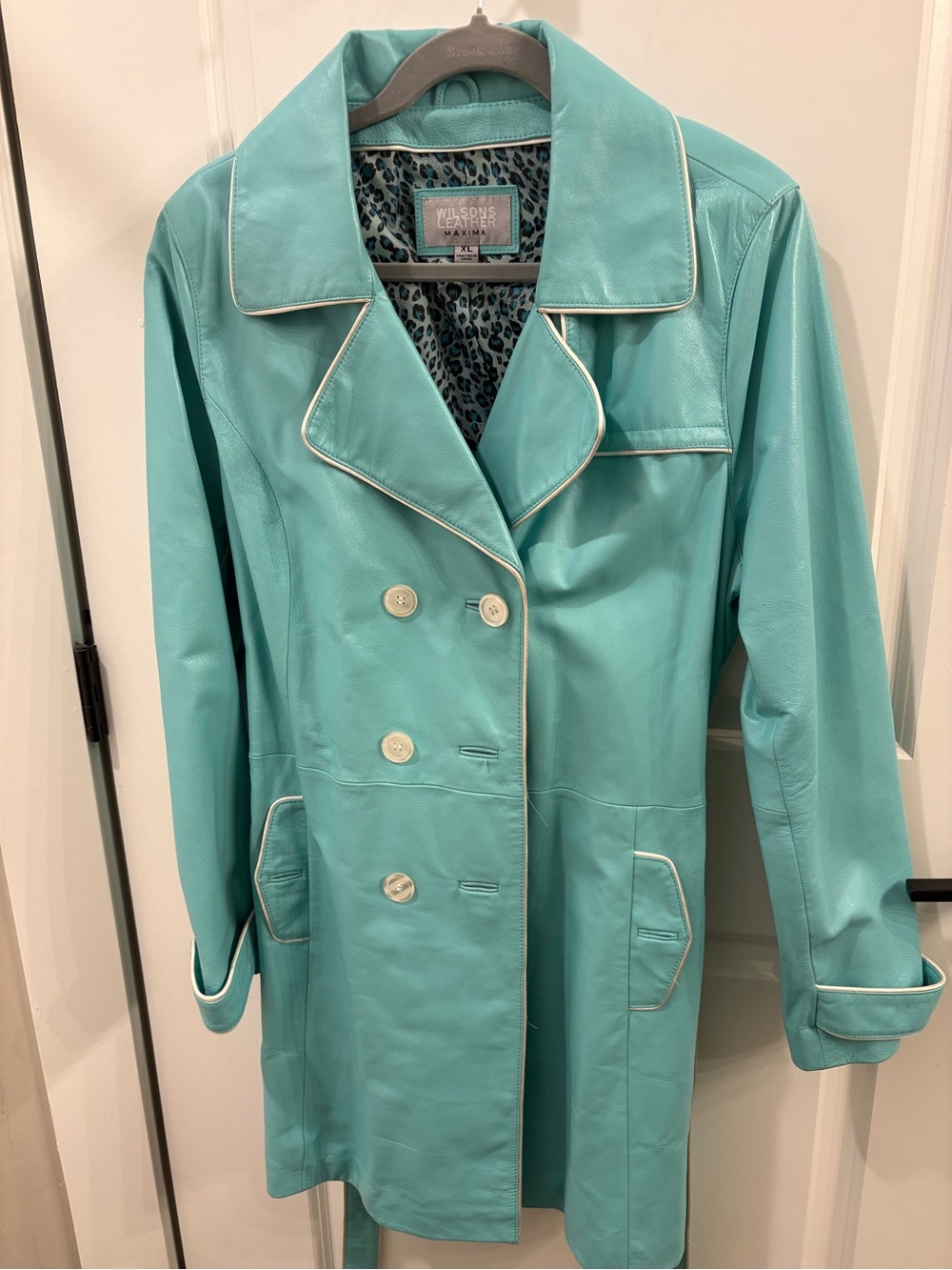 Wilsons Leather Women's Teal Turquoise Double-Breasted Leather Coat trench